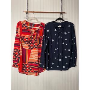 Style & Co Blouse Top Cotton Lace-Up & Patchwork Popover Set Bundle Size L